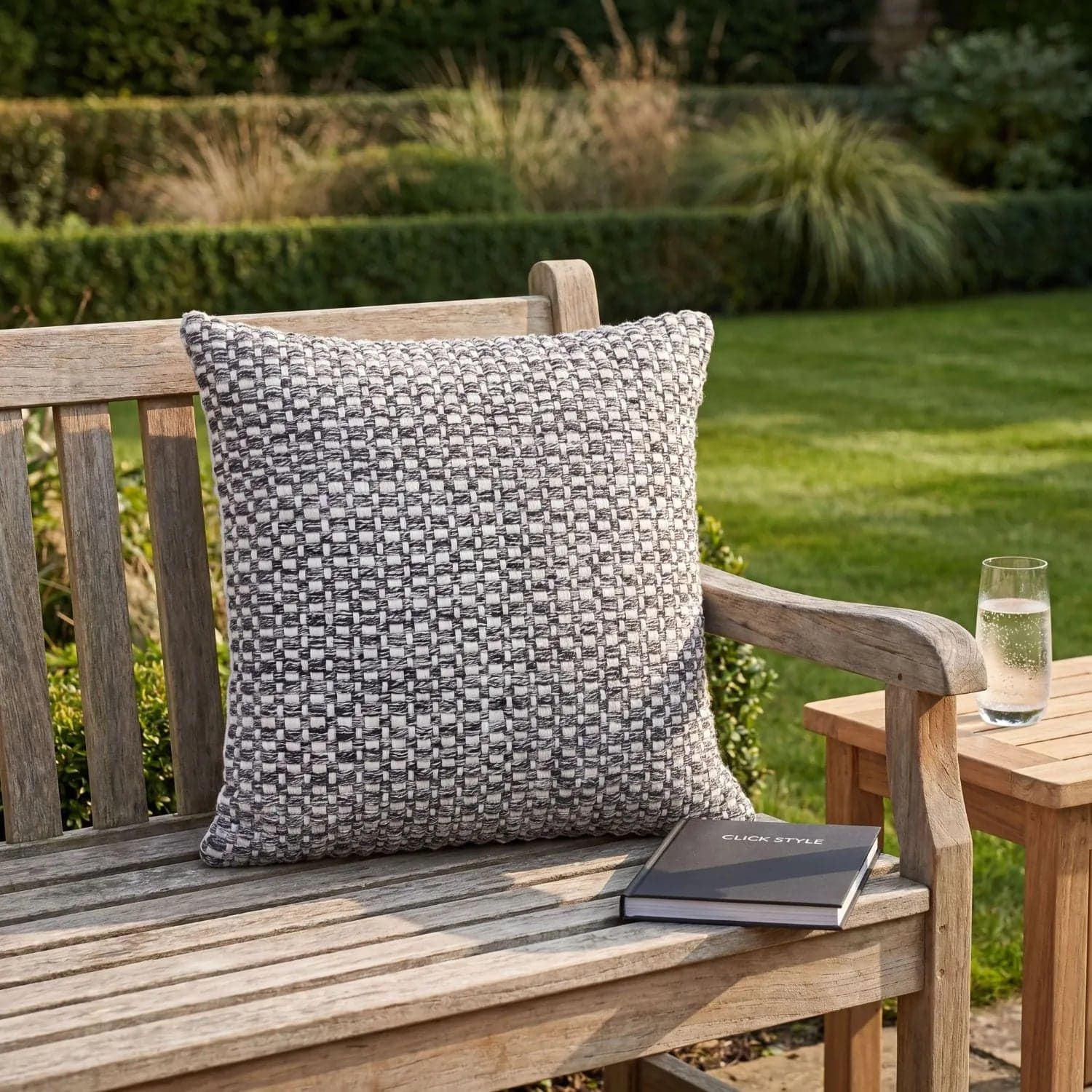 Dark Grey & White Square Indoor Outdoor Cushion with Basket Weave Pattern – Recycled Weather-Resistant & Durable 45x45x10cm